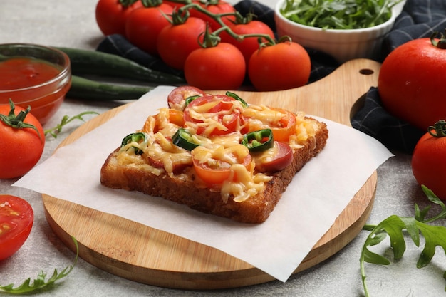 맛있는 피자 토마토 토스트와 소스가 회색 테이블에