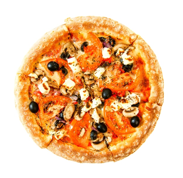 Tasty pizza on a white background. Veggie a pizza with tomatoes, olives, mushrooms and cheese.