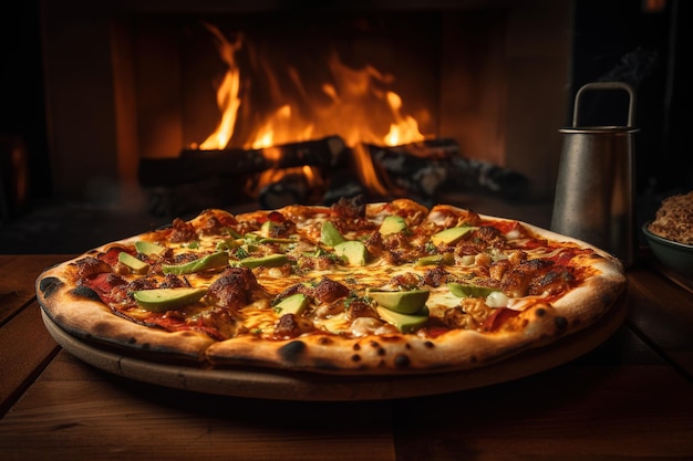 Tasty pizza with avocado on wooden table in front of fireplace Generative AI