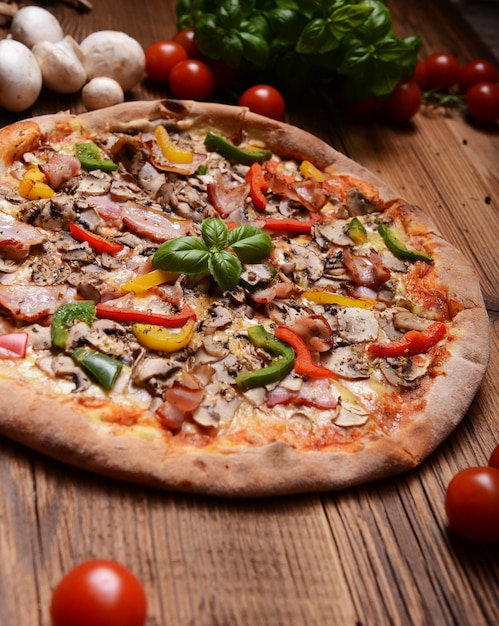 Tasty pizza with mushrooms and colorful pepper