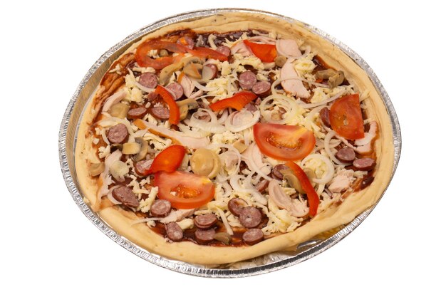 Tasty pizza with salami sausages cheese onions and sauce