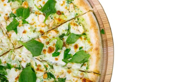 Tasty pizza with spinach on wooden background.