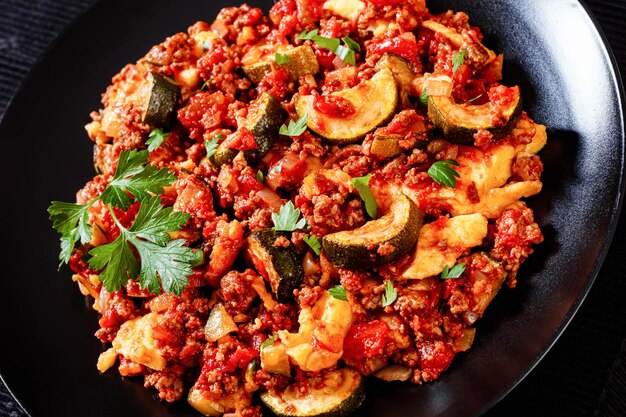 Photo tasty polenta ground beef casserole on black plate