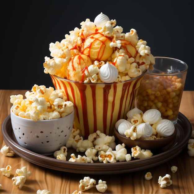 tasty popcorn with snack and drink