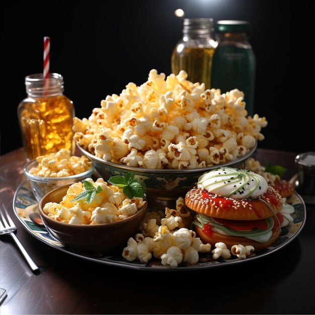 tasty popcorn with snack and drink