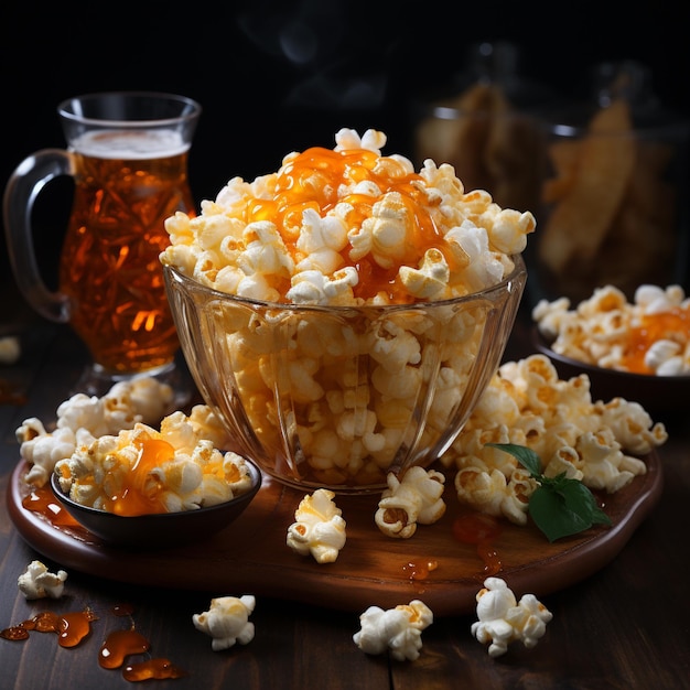 tasty popcorn with snack and drink