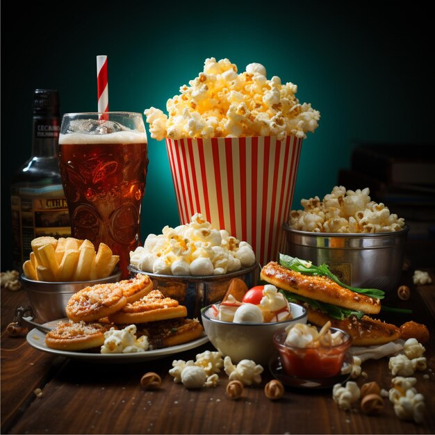 Photo tasty popcorn with snack and drink