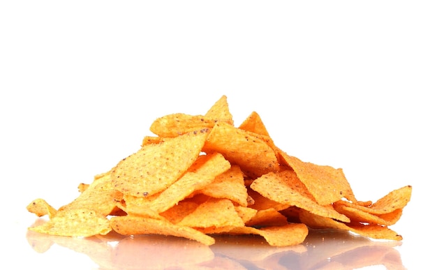 Tasty potato chips isolated on white