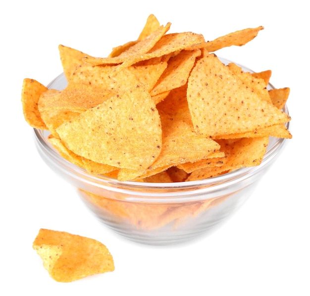 Tasty potato chips in transparent bowl isolated on white