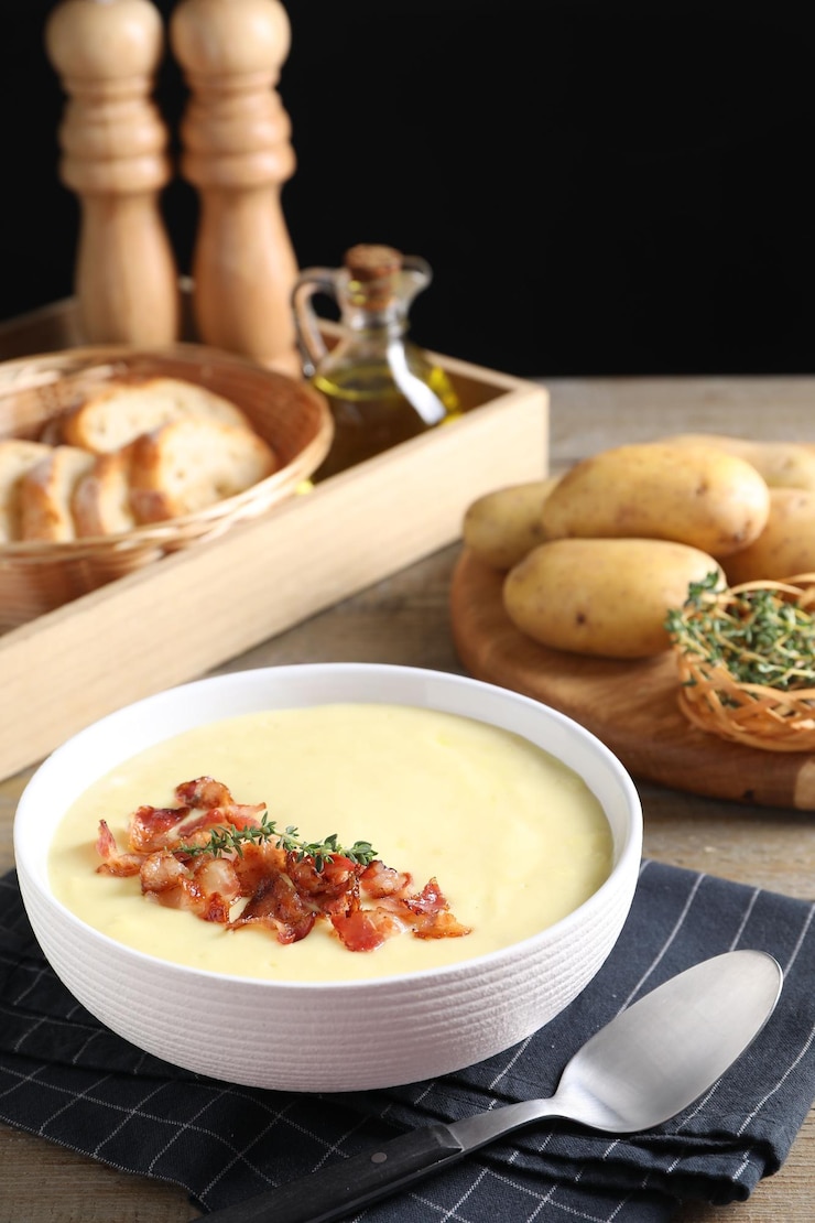 Фотография вкусный картофельный суп с беконом и розмарином в миске, подаваемый на деревянном столе