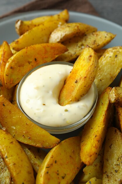 Tasty potato wedges and bowl of sauce, close up