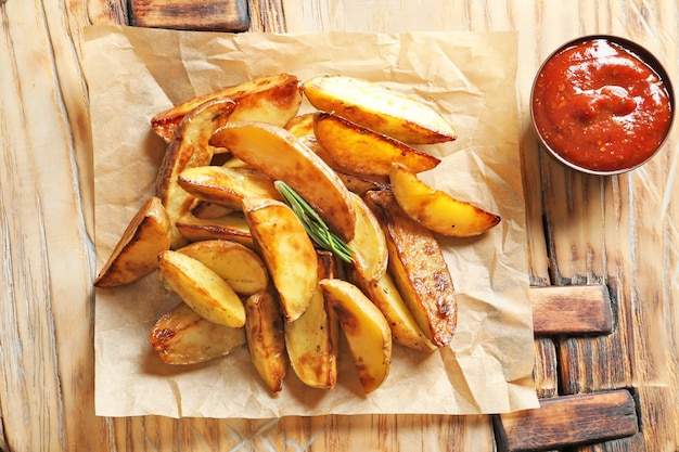 Tasty potato wedges and tomato sauce on wooden board