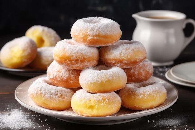 Tasty powdered sugar donuts on table