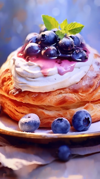 Tasty puff pastry dessert cut in half Delicious pastries with fruit jam on light bac Generative AI