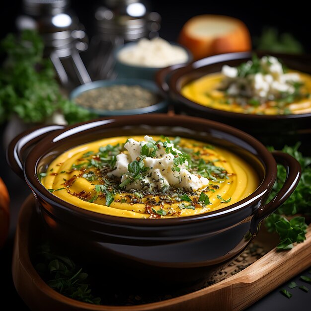 Tasty pumpkin cream soup with vegetables in bowls