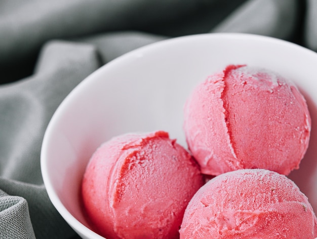 Tasty raspberries icecream balls in bowl