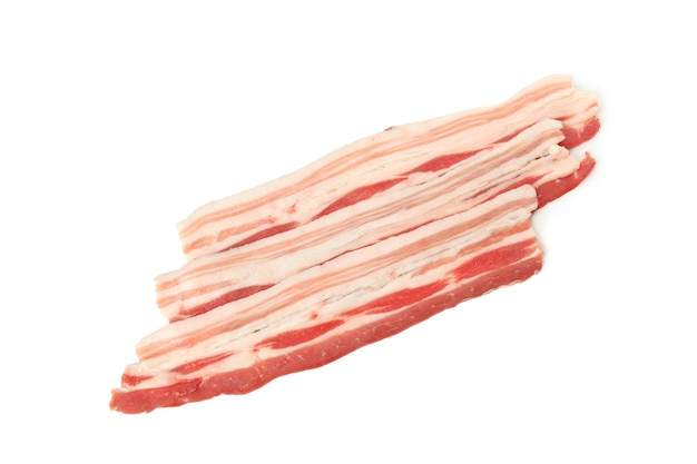 Tasty raw bacon isolated on white surface