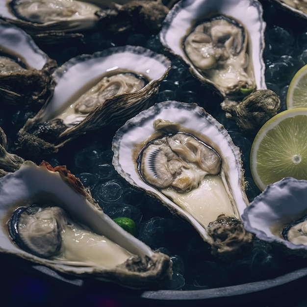 Tasty raw oysters with ice and lemon on the table Generative AI