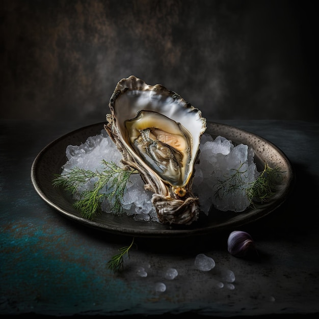 Tasty raw oysters with ice and lemon on the table Generative AI