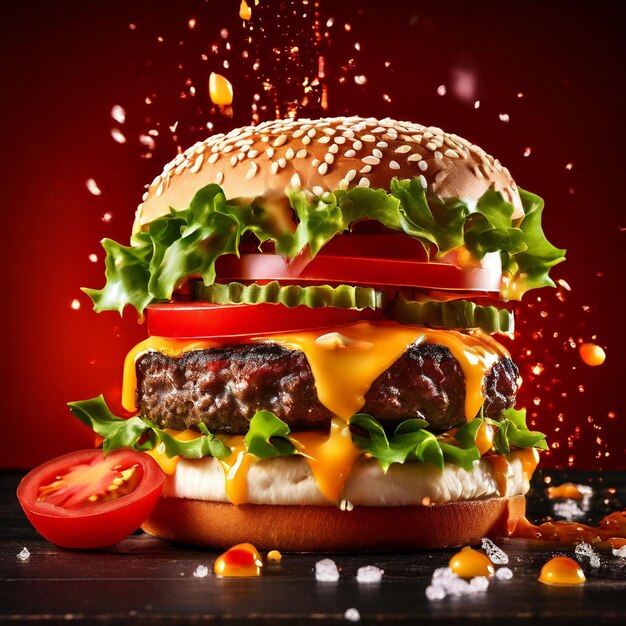 tasty Real burger with dynamic banner image with ozing cheeses Pieces of tomato and suspended SPLAS