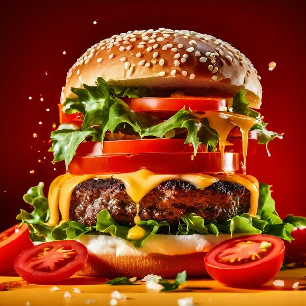 tasty Real burger with dynamic banner image with ozing cheeses Pieces of tomato and suspended SPLAS