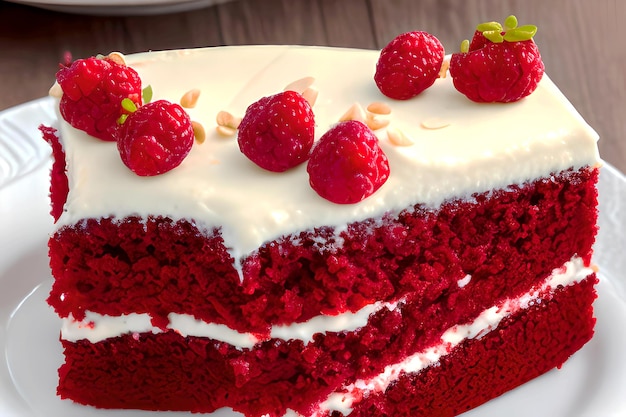 Tasty Red cake delicacy with a garnish of silky white cream with fresh berry on a white plate