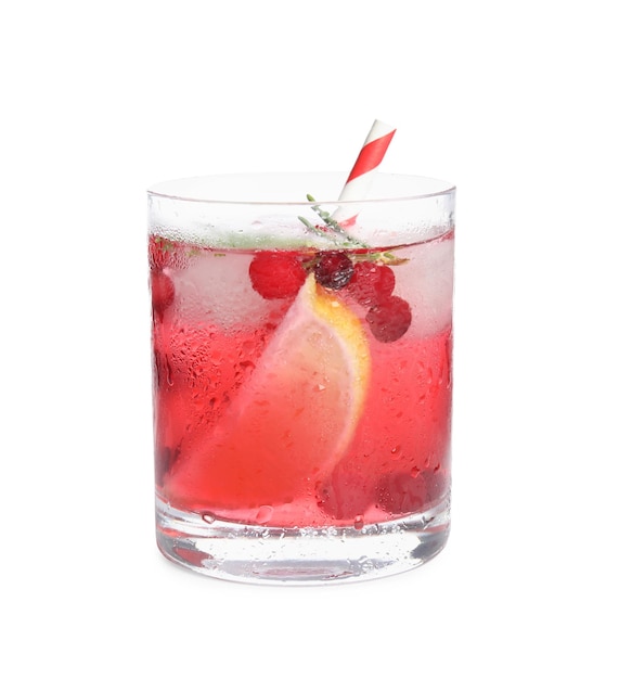 Tasty refreshing cranberry cocktail with lemon isolated on white