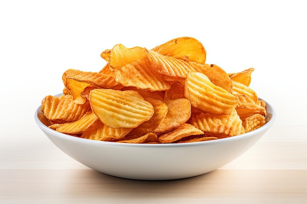 Tasty ridged potato chips on white background 1