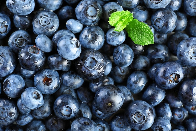 Photo tasty ripe blueberries with green leaves close up