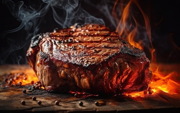 Tasty roasted meat steak cooking over the grill with flames