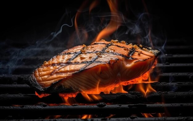 Tasty roasted salmon steak cooking over the grill with flames Generative AI