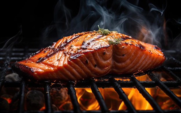 Tasty roasted salmon steak cooking over the grill with flames Generative AI