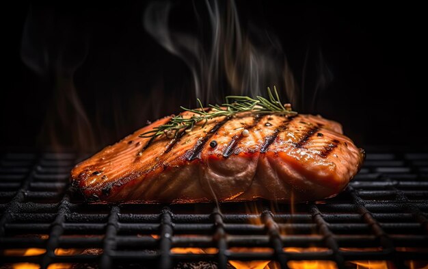 Tasty roasted salmon steak cooking over the grill with flames