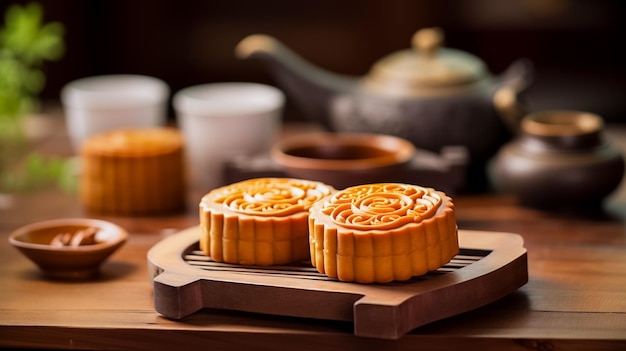 Tasty round moon cakes at mid autumn festival on wooden table Chinese festival conceptAi generated