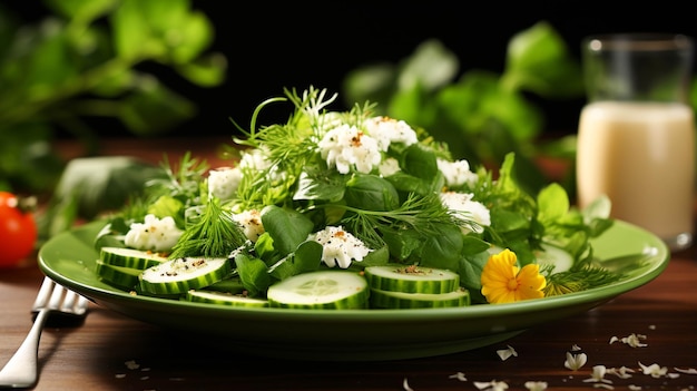 Tasty salad in a plate and Fork on it on green background