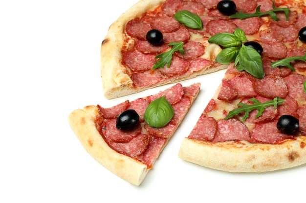 Tasty Salami pizza isolated on white background