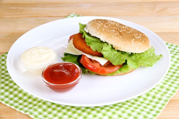 Tasty sandwich with cutlet on color plate on napkin on wooden background