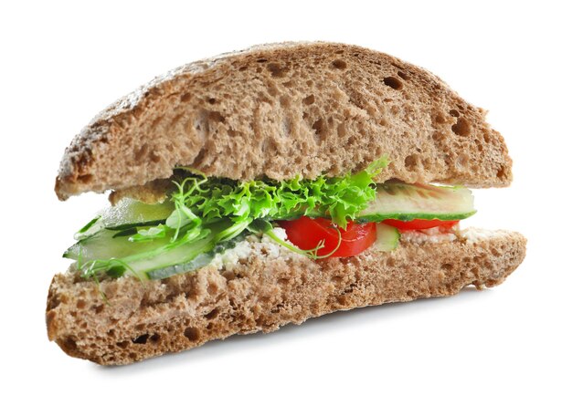 Tasty sandwich with fresh cucumber on white background