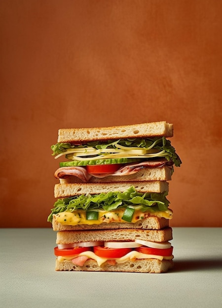 Tasty sandwich with ham cheese and vegetables on rustic background