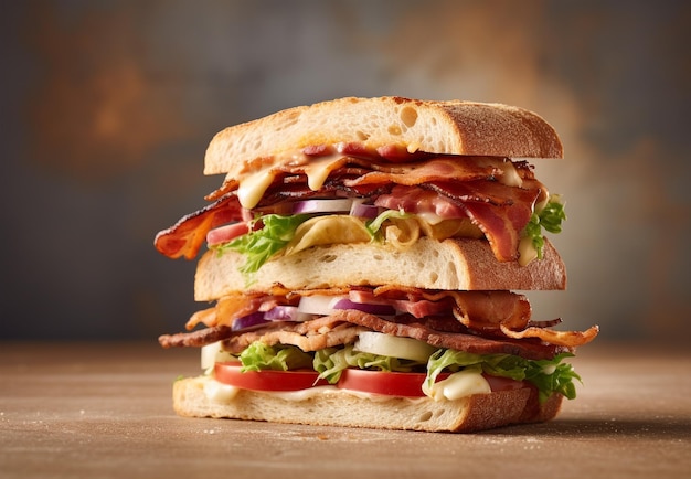 Tasty sandwich with ham cheese and vegetables on rustic background