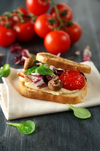 Tasty sandwich on wooden table close up