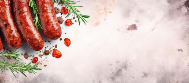 Tasty sausages with spicy rosemary on isolated pastel background Copy space