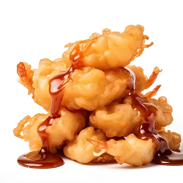 tasty shrimp tempura with sauce on a white background