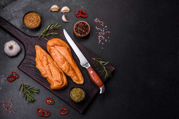 Tasty smoked fillet of chicken breast with spices and herbs on a wooden cutting board