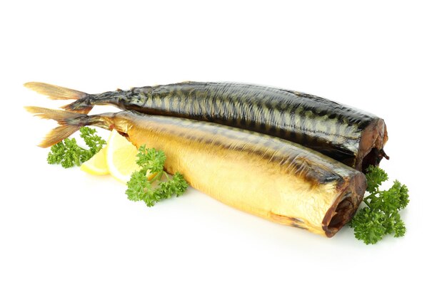 Tasty smoked mackerel isolated on white background