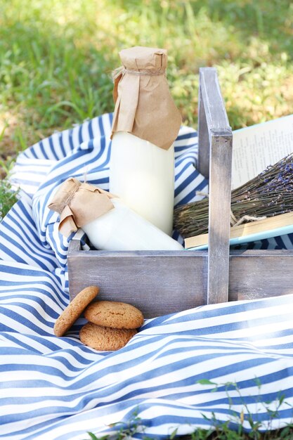 Foto uno spuntino gustoso nel cesto su uno sfondo erboso per trascorrere un bel fine settimana in un parco