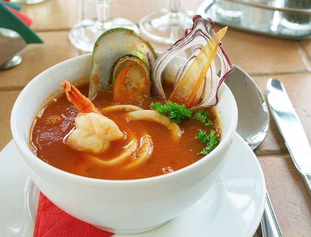 Tasty soup on a table at restaurant...