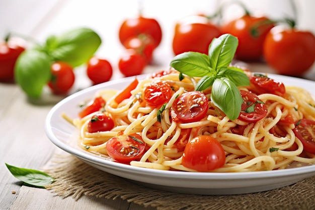 Tasty spaghetti with tomatoes and basil leafs in plate Generative AI