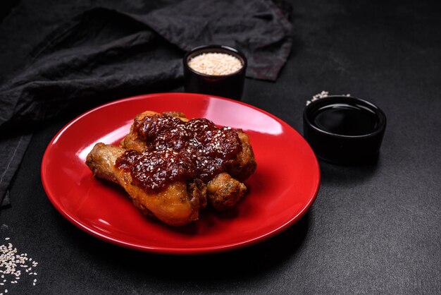 Tasty spicy chicken legs with teriyaki sauce and sesame seeds