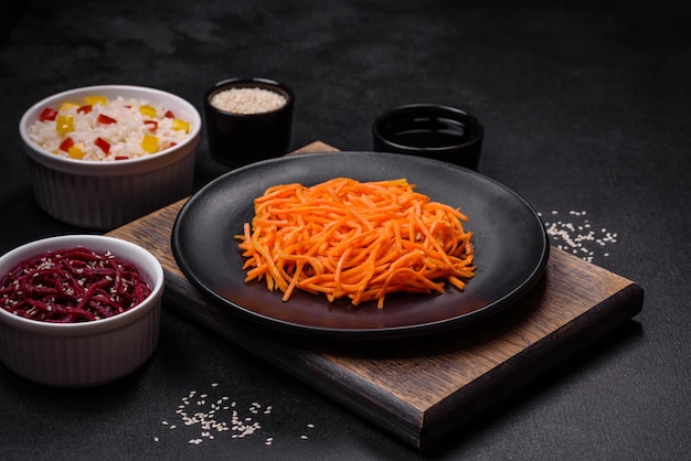 Tasty spicy Korean carrot with spices and herbs